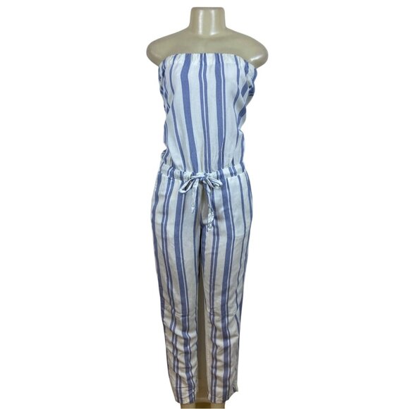 Ann Taylor Loft Womens Blue White Striped Linen Blend Jumpsuit Chic Style Size S - Picture 1 of 5
